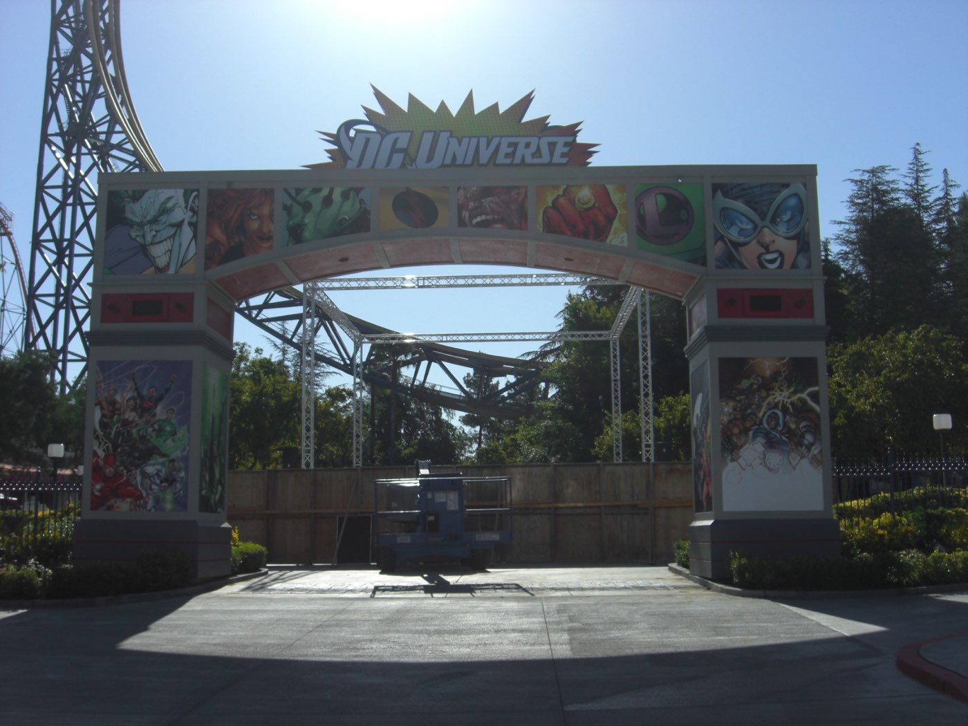 DC Universe themed entrance with custom signs and graphics
